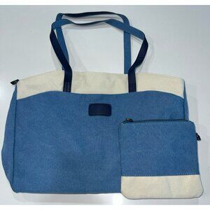 KVKY Retro Fashion canvas tote or weekender bag set in blue and beige/cream colo